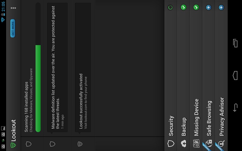 de interface van de lookout antivirus app interface op je tablet