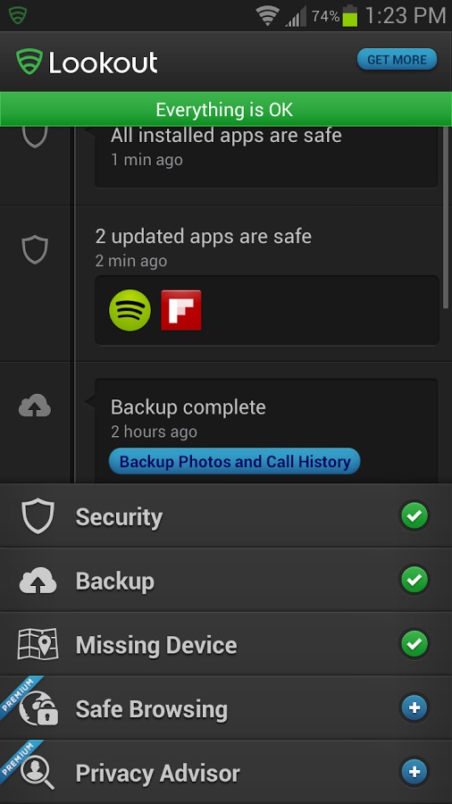 intergace van de lookout mobile security virusscanner voor op je telefoon