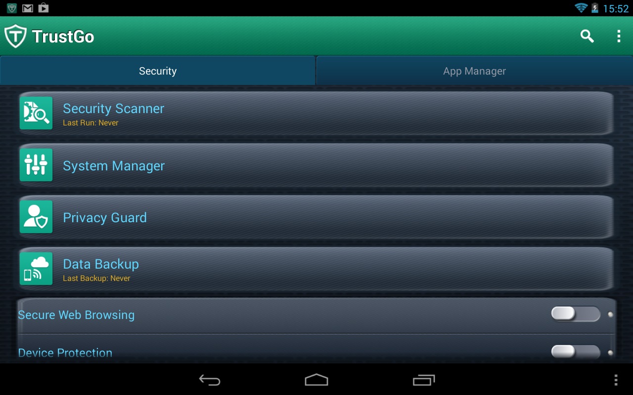 trustgo virusscanner interface op je tablet