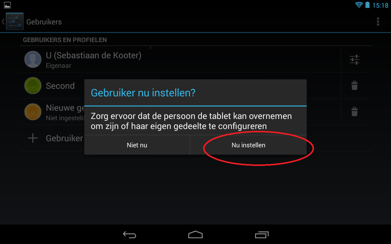 Afbeelding van stap 4 voor het toevoegen van een extra gebruiker aan uw Android apparaat. Klik op gebruiker nu instellen