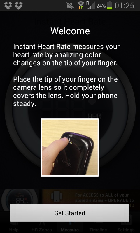 afbeelding met het welkom scherm dat u ziet bij het opstarten van de instant heart rate app