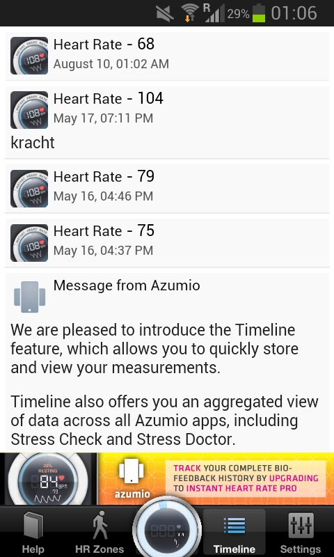 Timelionje van de opgeslagen hartslag metingen in de app