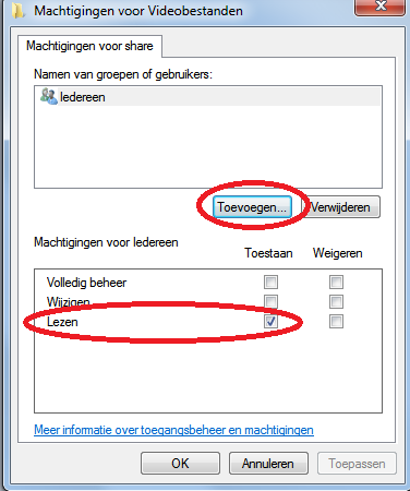 machtigingen voor delen van bestanden. klik op toevoegen en vink de machtigingen aan.
