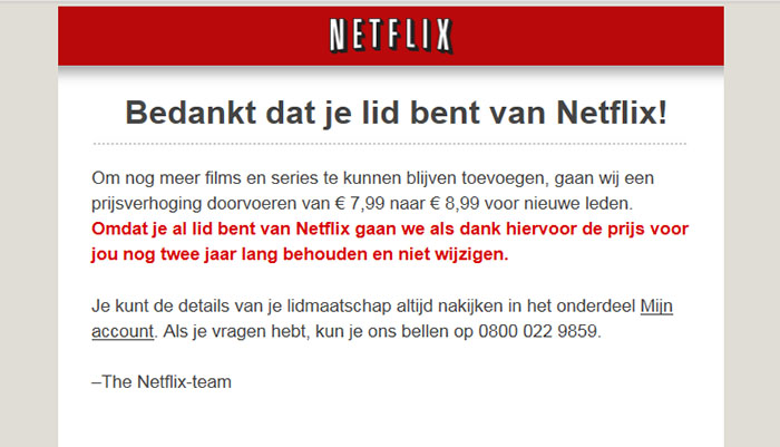 afbeelding van de email die netflix naar haar abonnees stuurde over het doorvoeren van een prijsverhoging voor nieuwe leden