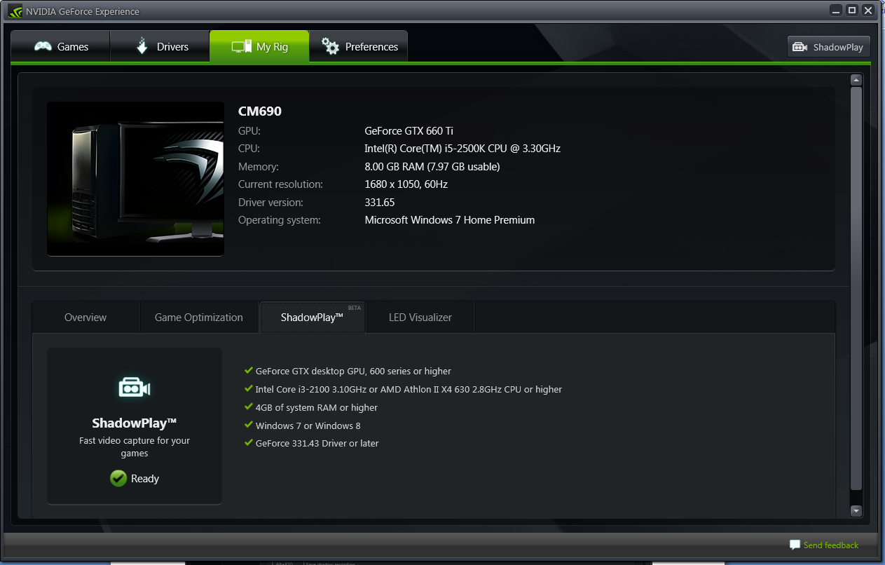 Afbeelding van de systeem eisen van de nvidia geforce experience shadowplay.