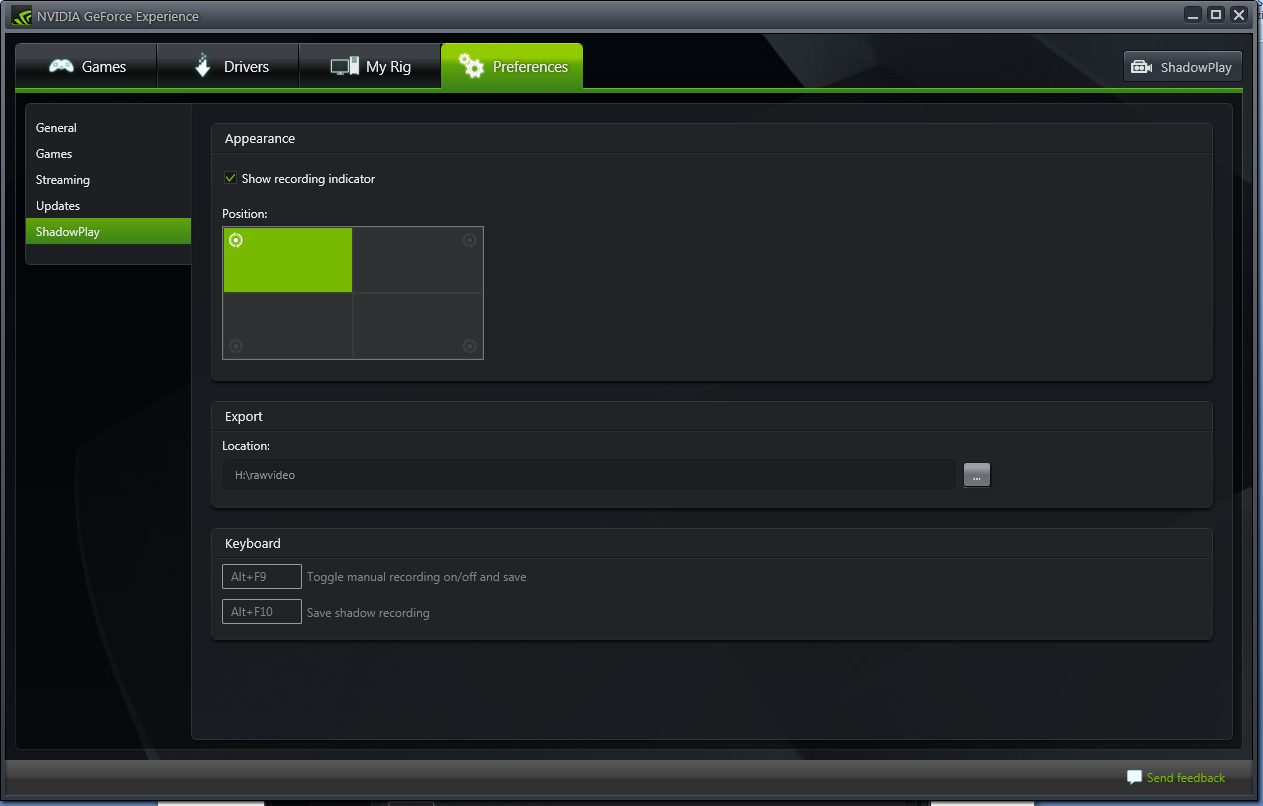 afbeelding van het Instellingen menu van de nvidia geforce experience shadowplay.