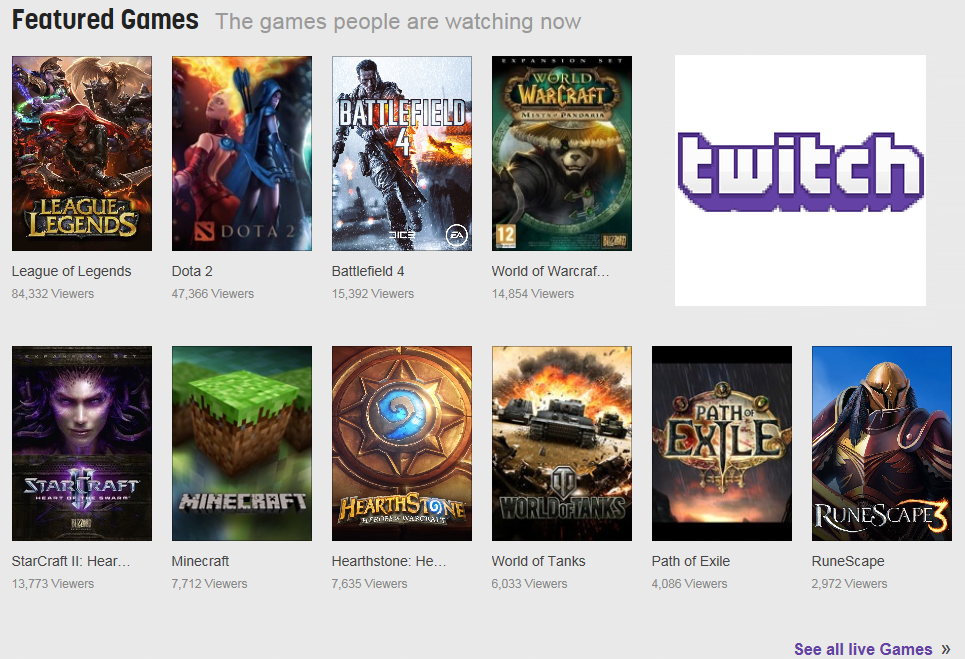 Afbeelding van featured games op de streaming website twitch