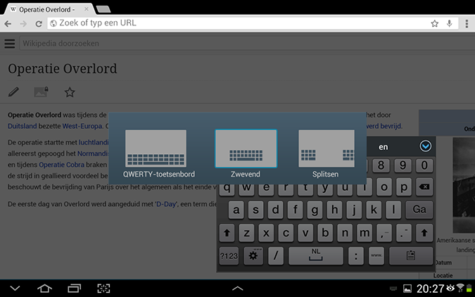Screenshot van toetsenbord opties op de Samsung Galaxy Tab 2 10.1 met Android 4.1.2