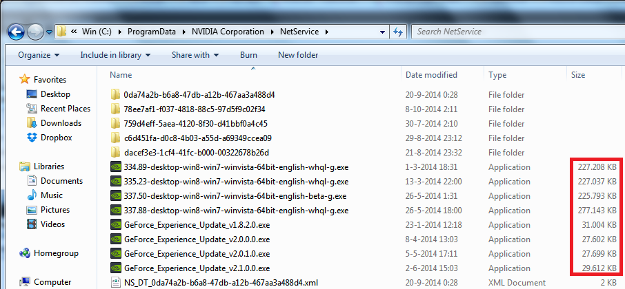 bestandsgrootte van oude nvidia driver bestanden