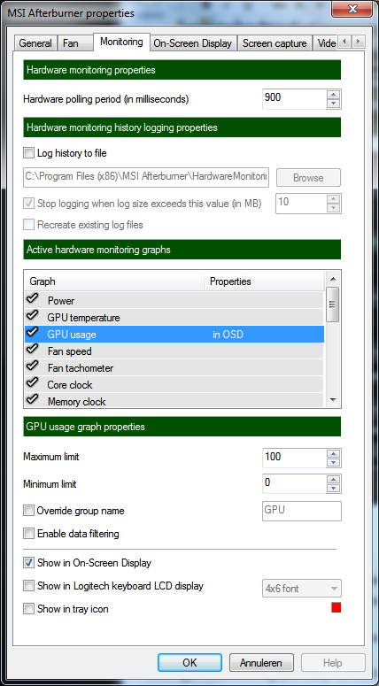 msi afterburner instellingen menu monitoring submenu