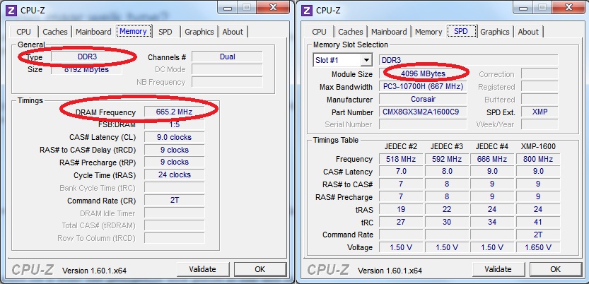 afbeelding van het memory en spd tabje van cpu-z om te kunnen aflezen welk intern geheugen u nodig heeft