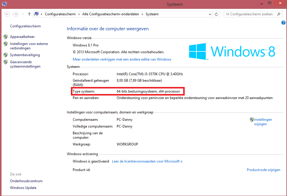 Windows 8 geeft in het scherm Informatie over de computer weergeven aan welke versie van Windows 8 U gebruikt, 32-bits of 64-bits