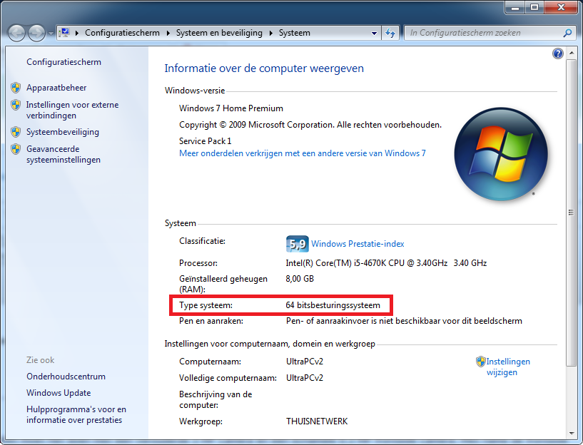 Systeem eigenschappen geeft bij type geheugen aan of uw Windows 7 32 of 64 bits is