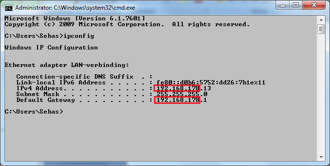 ipconfig in het commando venster van cmd