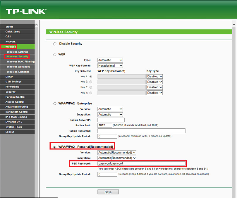 het instellen van de wireless security in tp-link